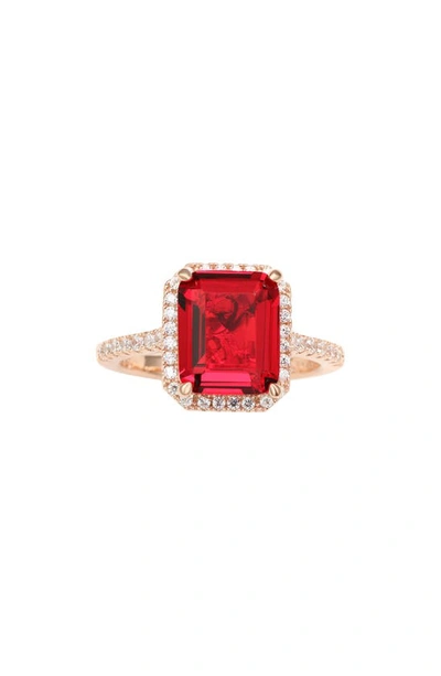 Suzy Levian 14k Rose Gold Cz Halo Framed Ring In Red