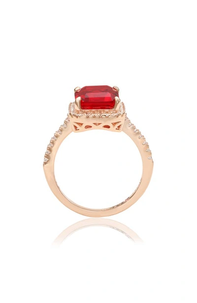 Suzy Levian 14k Rose Gold Cz Halo Framed Ring In Red
