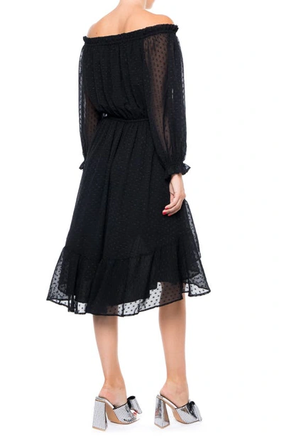 Meghan La Keiko Swiss Dot Off The Shoulder Chiffon Dress In Black
