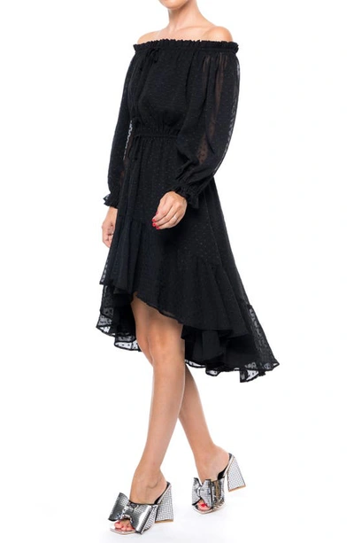 Meghan La Keiko Swiss Dot Off The Shoulder Chiffon Dress In Black