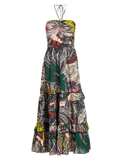 Shop Figue Women's June Abstract Cotton Halter Maxi Dress In Wax Cloth Bird Multi Black