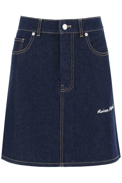Shop Maison Kitsuné Denim Mini Skirt With Logo Embroidery