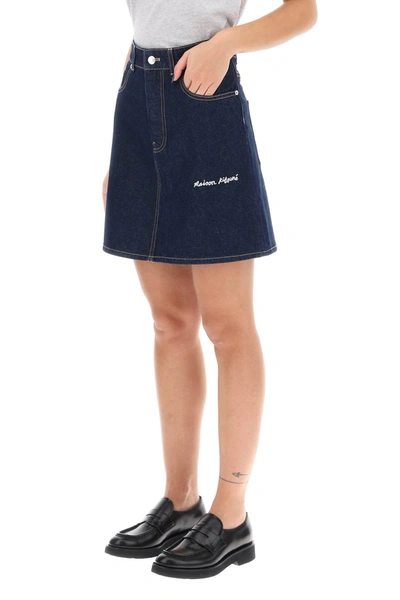 Shop Maison Kitsuné Denim Mini Skirt With Logo Embroidery