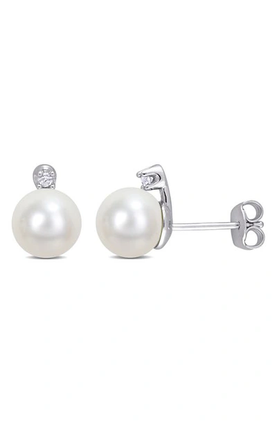 Shop Delmar Freshwater Pearl & Diamond Stud Earrings In White
