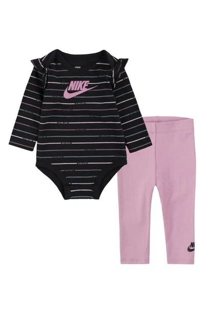 Shop Nike Just Do It Stripe Ruffle Bodysuit & Leggings Set In Elemental Pink