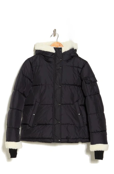 Shop S13 Jane Faux Fur Trim Matte Puffer Jacket In Black/ White