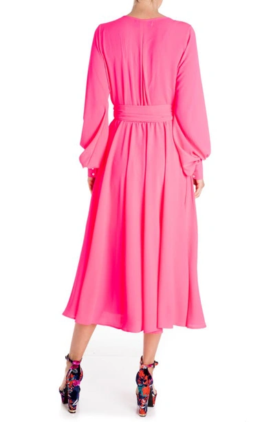 Meghan La Lilypad Surplice Long Sleeve Wrap Midi Dress In Neon Pink