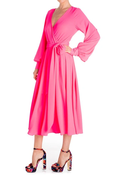 Meghan La Lilypad Surplice Long Sleeve Wrap Midi Dress In Neon Pink