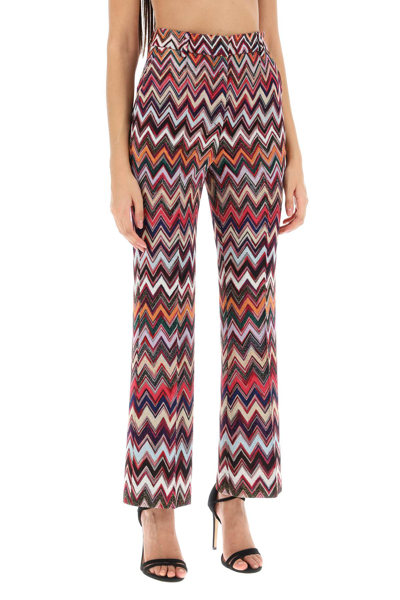 Shop Missoni Pants In Lurex Knit With Herringbone Motif In Dark Pink W Blk Base