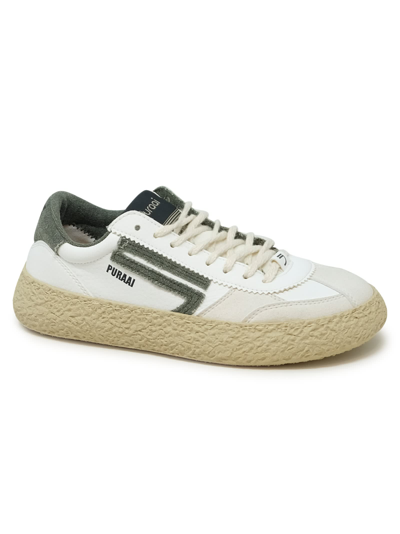 Puraai 1.01 Classic White And Green Vegan Leather Sneakers In White