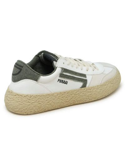 Puraai 1.01 Classic White And Green Vegan Leather Sneakers In White