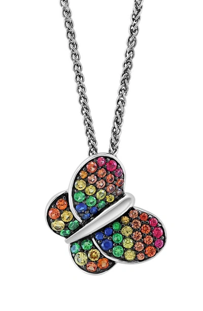 Shop Effy Sterling Silver Pavé Sapphire & Tsavorite Butterfly Pendant Necklace In Rainbow Multi