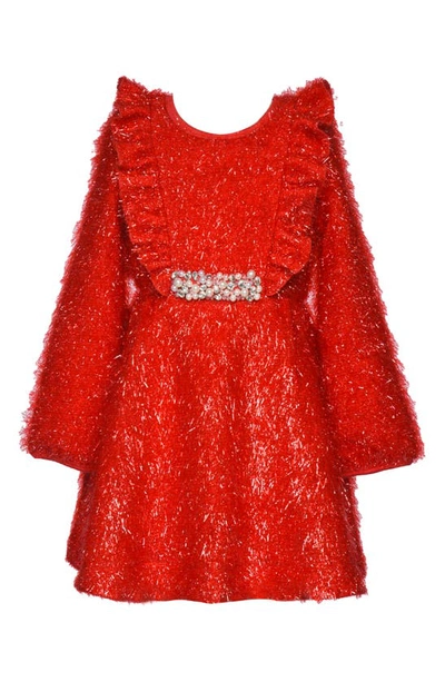 Shop Hannah Banana Kids' Tinsel Long Sleeve Party Dress In Red