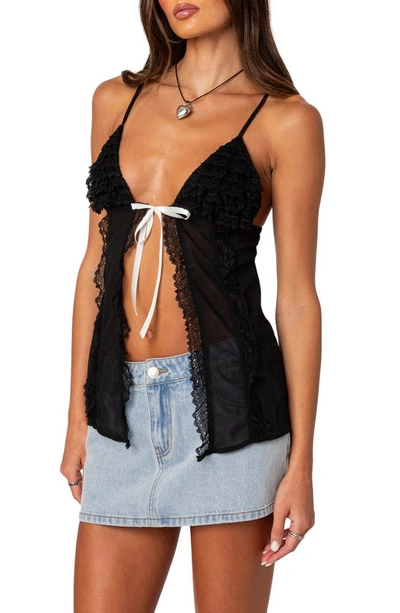 Edikted Linette Split Front Lace Trim Camisole In Black