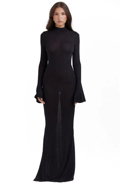 Shop House Of Cb Sancha Open Back Long Sleeve Semisheer Body-con Maxi Dress In Black