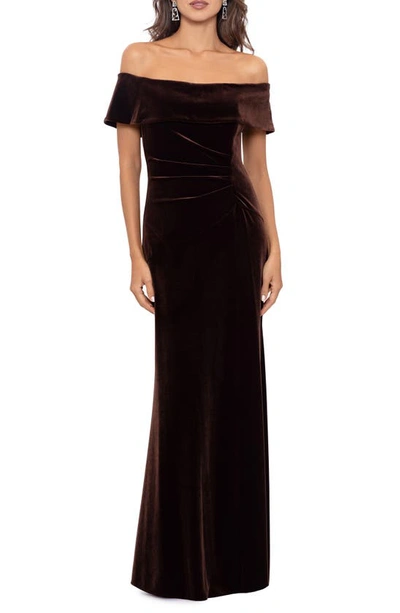 Shop Xscape Off The Shoulder Velvet Gown In Brown