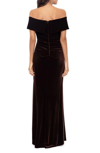 Xscape Off-the-shoulder Velvet Gown In Brown