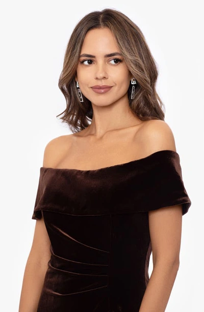 Shop Xscape Off The Shoulder Velvet Gown In Brown