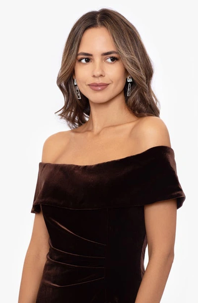 Xscape Off-the-shoulder Velvet Gown In Brown