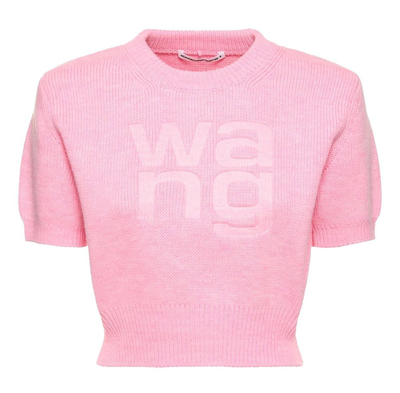 Shop Alexander Wang Logo Embroidered Knitted Cropped Top In Pink