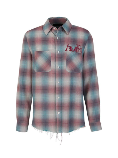 Shop Amiri Checked Logo Embroidered Shirt In Multi