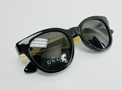 Pre-owned Gucci Gg1159s Round Black Crystal Yellow Stripe Unisex Sunglasses 1159 Authentic In Gray