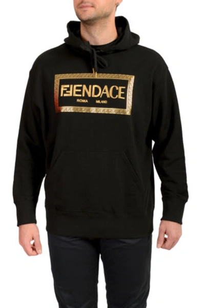 Pre-owned Fendace Men's Black&gold Logo Embroidery Hooded Sweatshirt Hoodie Us M It 50