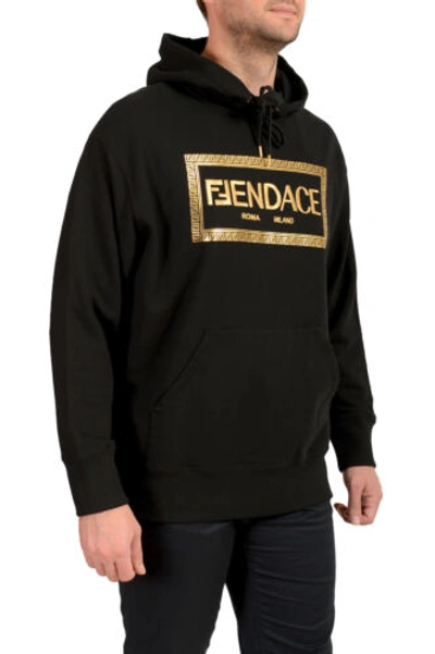 Pre-owned Fendace Men's Black&gold Logo Embroidery Hooded Sweatshirt Hoodie Us M It 50