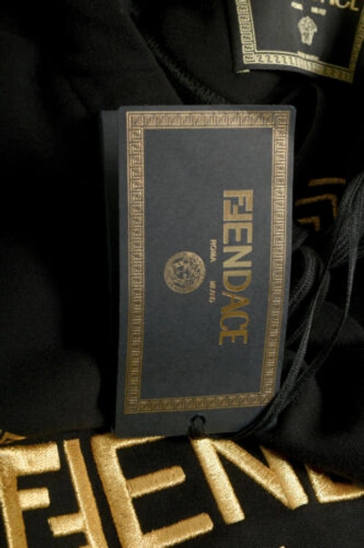 Pre-owned Fendace Men's Black&gold Logo Embroidery Hooded Sweatshirt Hoodie Us M It 50