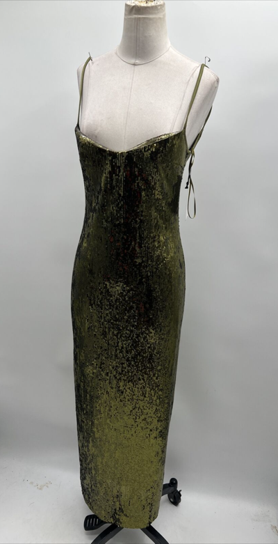 Pre-owned Galvan London Women's Green Sequin-embellished Fitted Midi Dress Size Fr 36/us 4