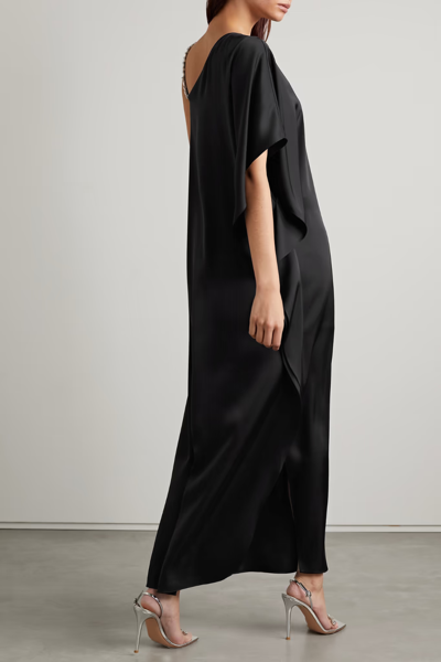 Pre-owned Alice And Olivia Tae Crystal-embellished Asymmetric Satin Gown - Retail $695 In Black