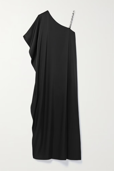 Pre-owned Alice And Olivia Tae Crystal-embellished Asymmetric Satin Gown - Retail $695 In Black