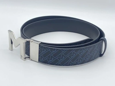 Pre-owned Montblanc M Buckle M_gram Blue/blk Leather Reversible Belt 100% Genuine $460