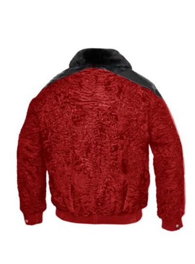 Pre-owned Handmade Red Astrakhan Lamb Fur Genuine Python Snake Skins Trim Bomber Jacket All Sizes