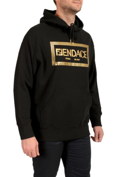 Pre-owned Fendace Men's Black&gold Logo Embroidery Hooded Sweatshirt Hoodie Us L It 52