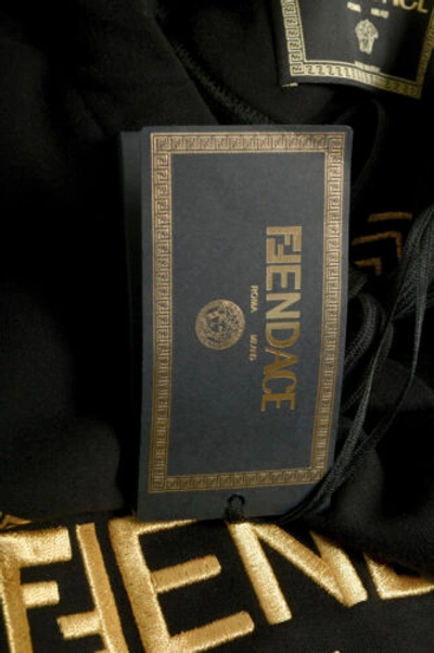 Pre-owned Fendace Men's Black&gold Logo Embroidery Hooded Sweatshirt Hoodie Us L It 52