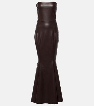 Shop Norma Kamali Strapless Faux Leather Fishtail Gown In Brown