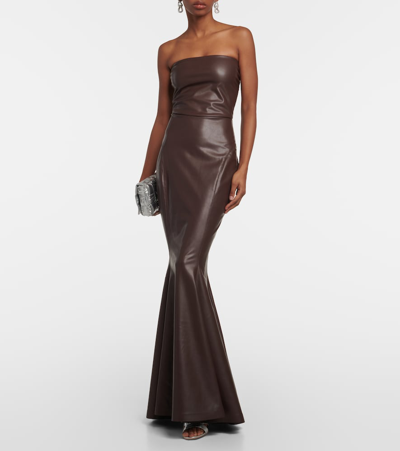 Shop Norma Kamali Strapless Faux Leather Fishtail Gown In Brown