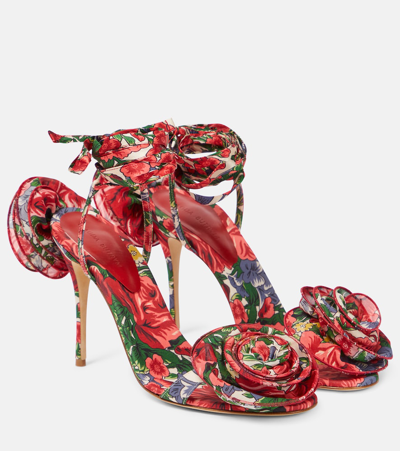 Shop Magda Butrym Floral-appliqué Satin Slingback Sandals In Red