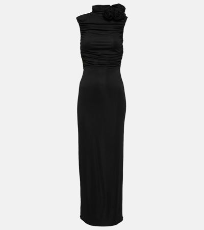 Shop Magda Butrym Floral-appliqué Ruched Maxi Dress In Black