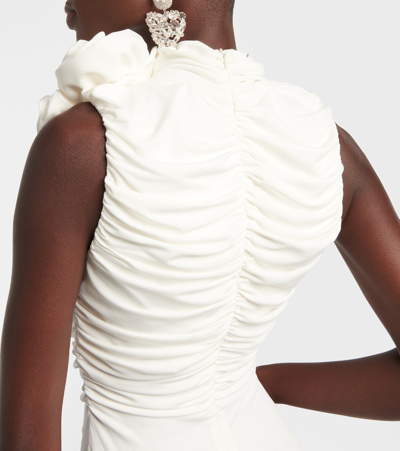 Shop Magda Butrym Bridal Floral-appliqué Ruched Midi Dress In White