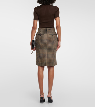 Shop Saint Laurent Vichy Wool-blend Pencil Skirt In Brown