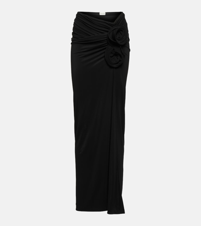 Shop Magda Butrym Floral-appliqué Ruched Maxi Skirt In Black