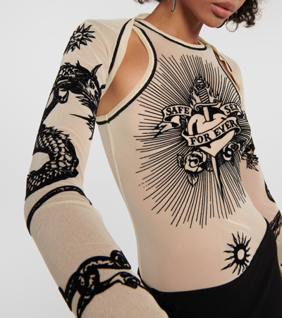Shop Jean Paul Gaultier Tattoo Collection Printed Tulle Shrug In Neutrals