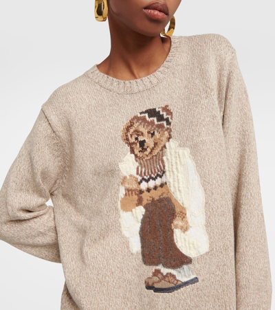 Shop Polo Ralph Lauren Polo Bear Embroidered Cotton Sweater In Beige