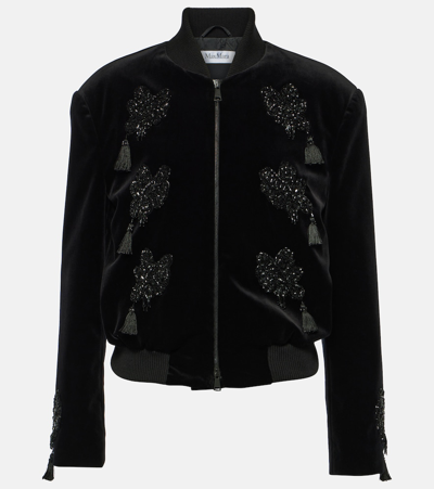 Shop Max Mara Musette Embroidered Velvet Bomber Jacket In Black