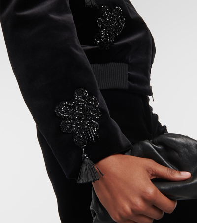 Shop Max Mara Musette Embroidered Velvet Bomber Jacket In Black