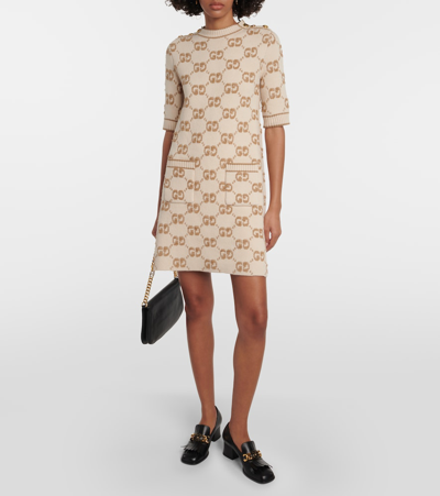Gucci Gg Jacquard Wool Bouclé Minidress In Beige