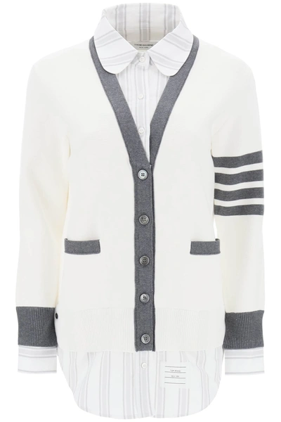 Shop Thom Browne 4 Bar Cotton Cardigan Shirt Combo In White, Grey