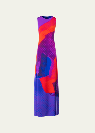 Shop Akris Superimposition-print Sleeveless Slit-hem Silk Crepe Gown In Purple-multicolor